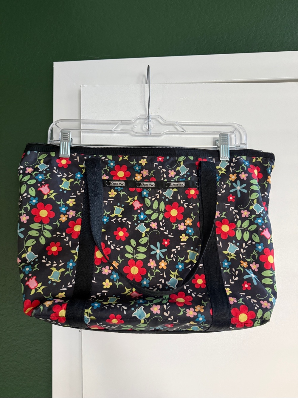 Lesportsac Black Floral Tote with Red & Green Accents